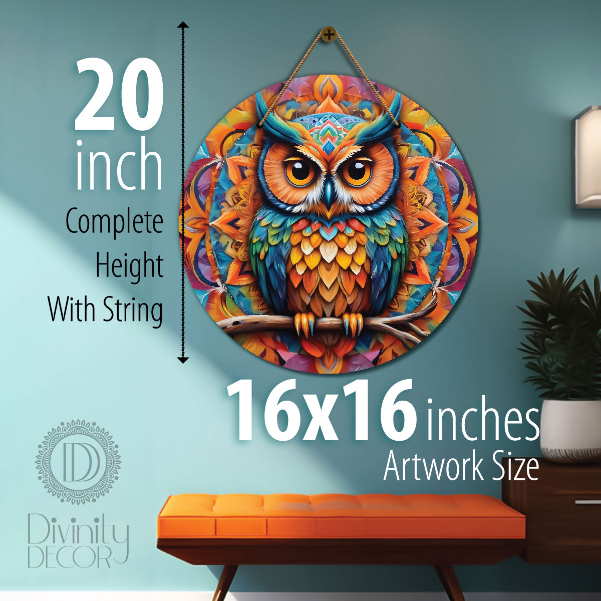 Owl in blue and orange mandala Round Wooden Wall Hanging for wall Décor - Design - 327