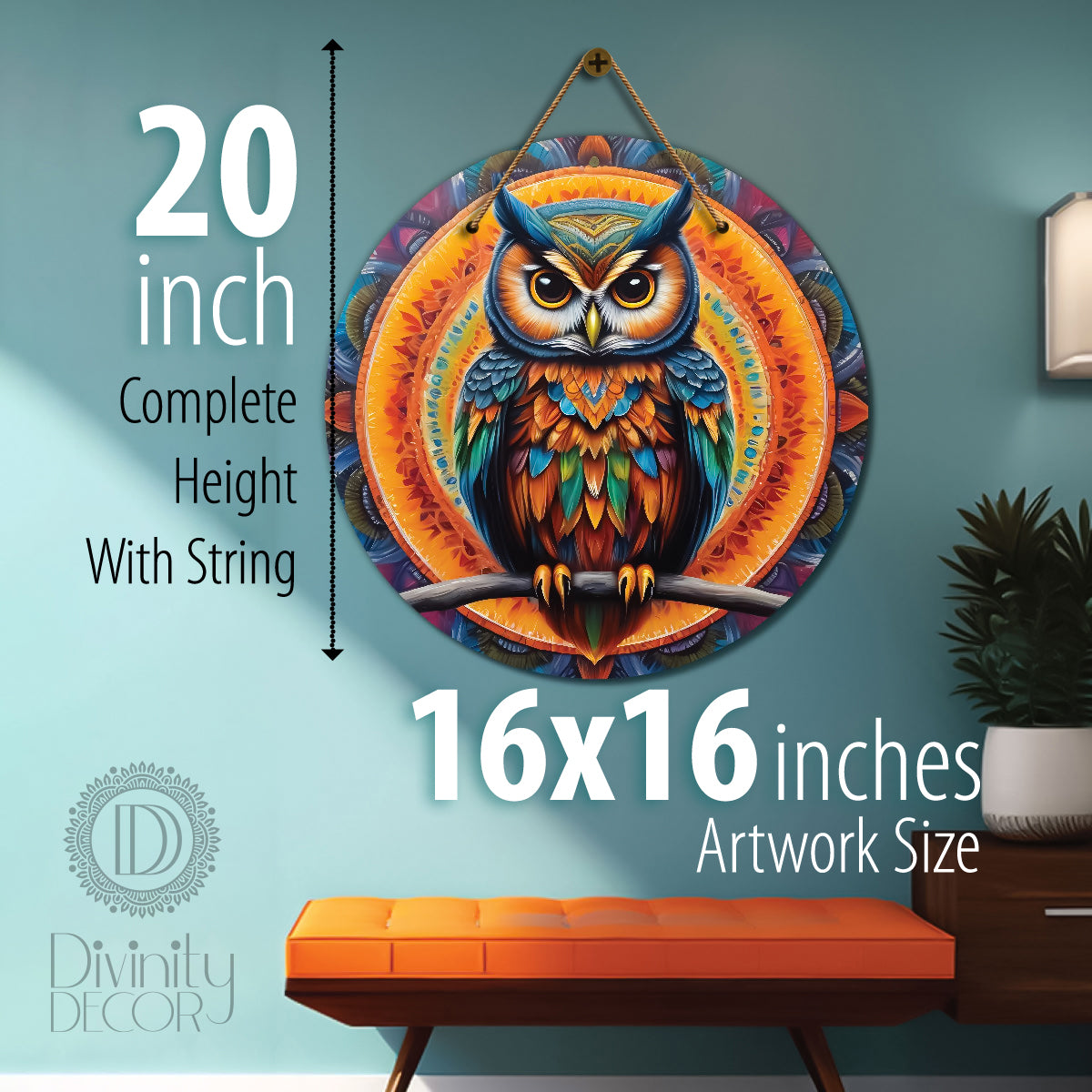 Owl in blue and orange mandala Round Wooden Wall Hanging for wall Décor - Design - 328