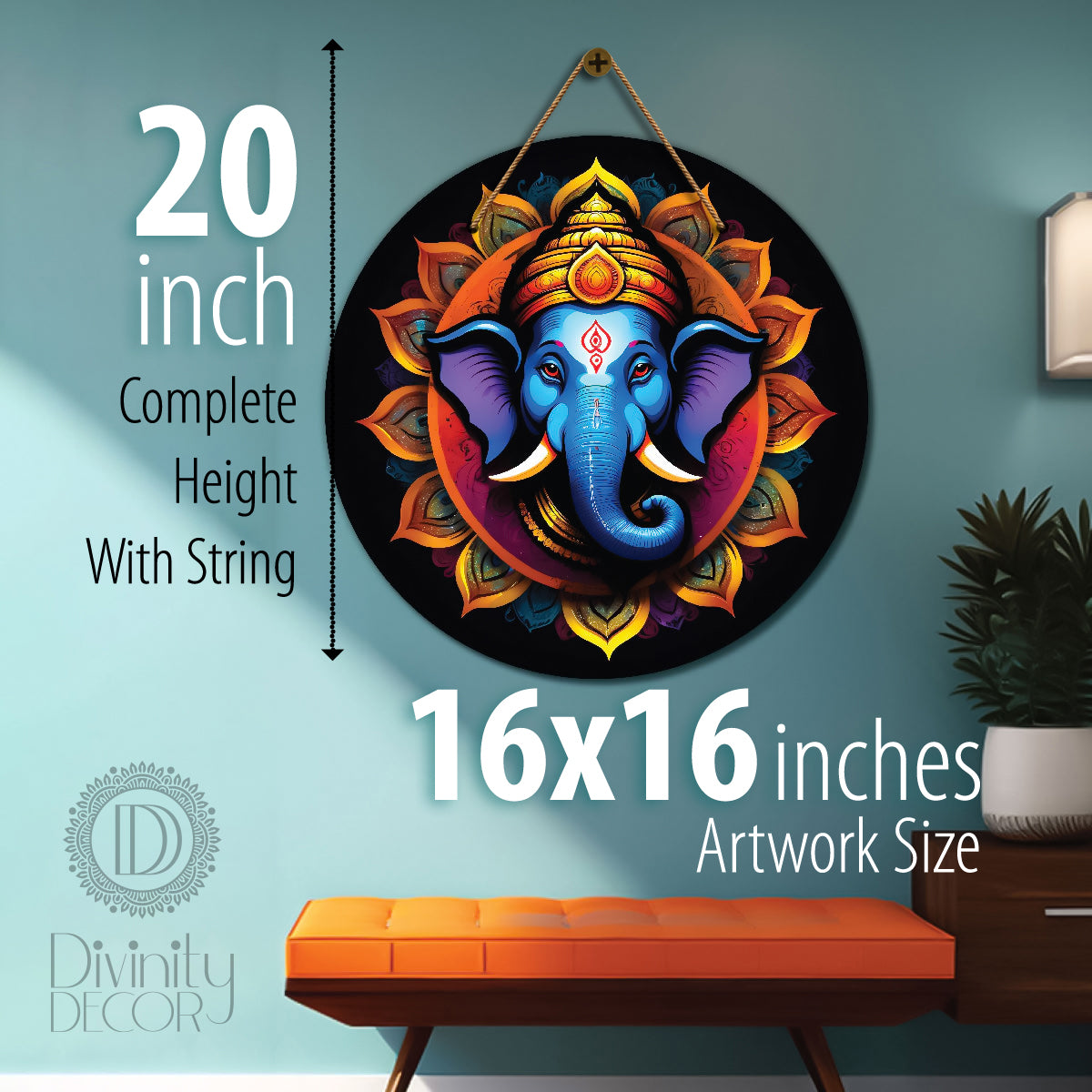 Elephant in blue and yellow mandala Round Wooden Wall Hanging for wall Décor - Design - 329