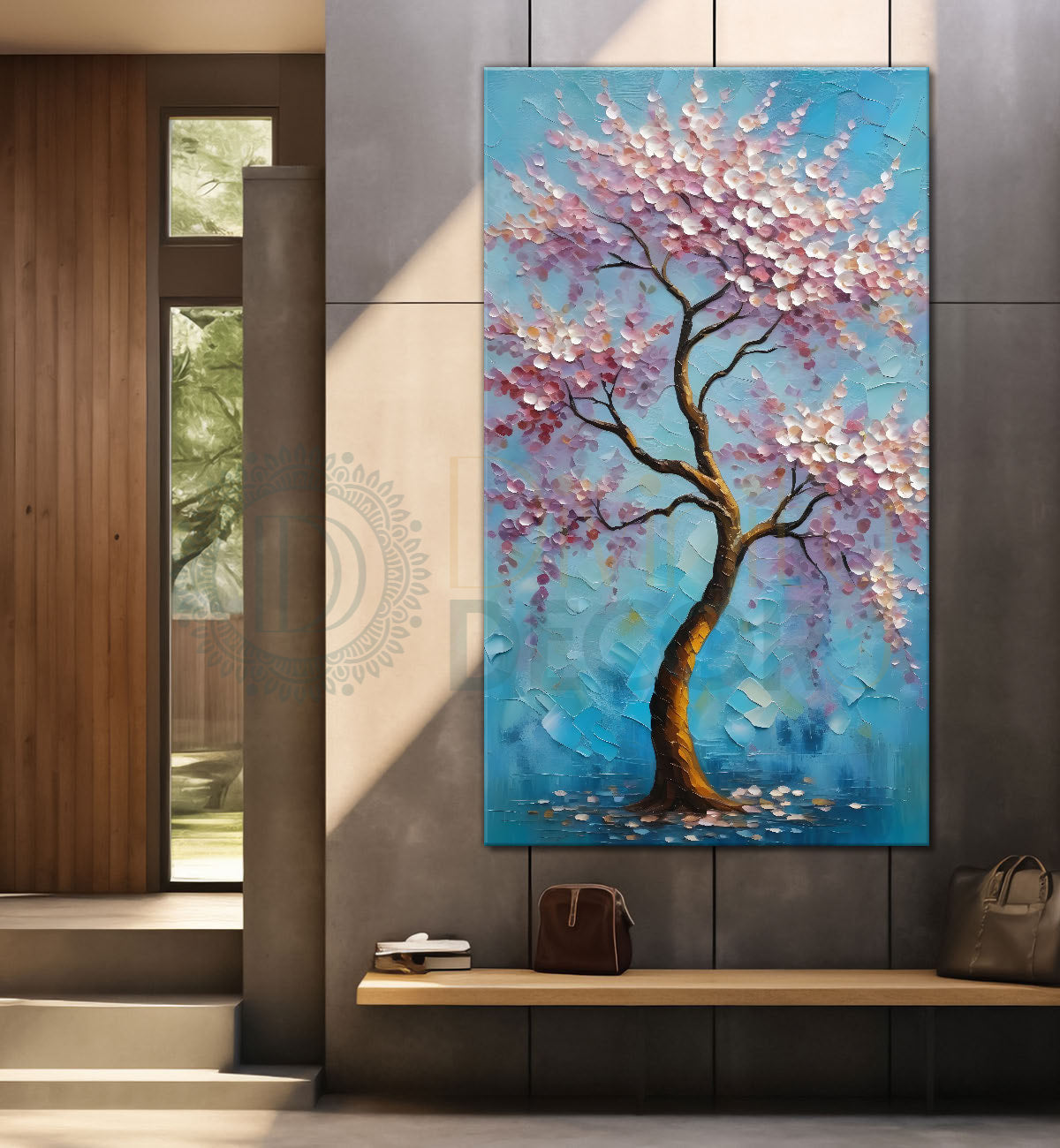 Spring tree with beautiful sky blue background textured modern art Canvas painting - Tree-V-32
