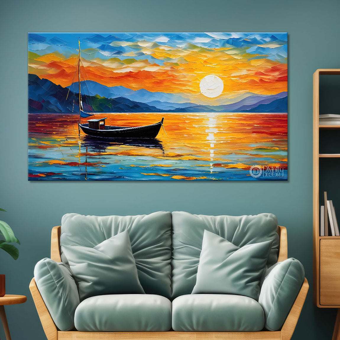 Boat in sea with sunset and mountains background textured modern art canvas painting - Design - River-33