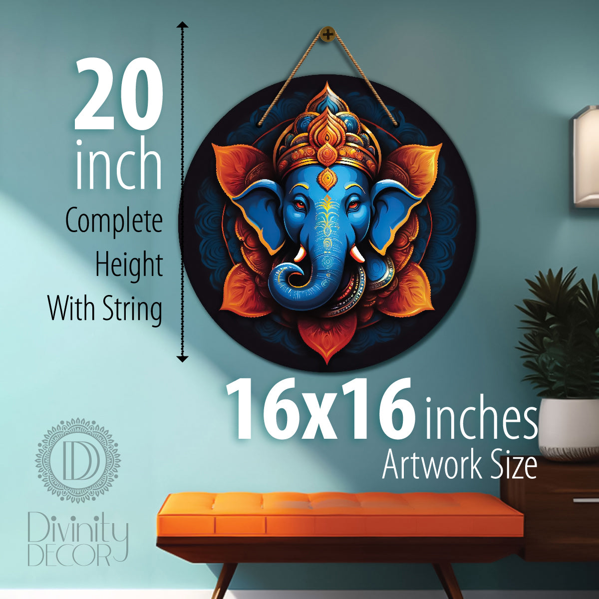 Elephant in blue and yellow mandala Round Wooden Wall Hanging for wall Décor - Design - 330