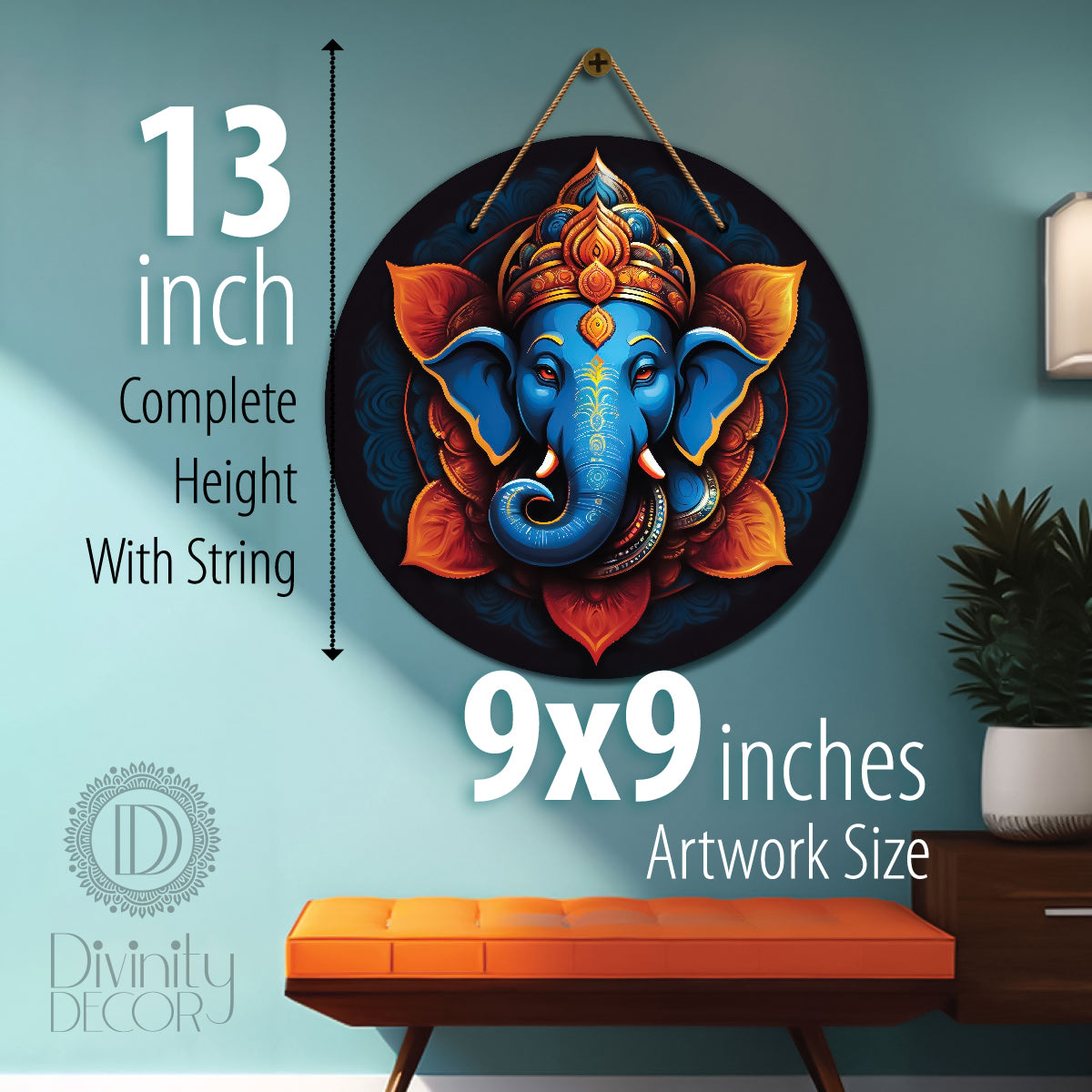 Elephant in blue and yellow mandala Round Wooden Wall Hanging for wall Décor - Design - 330