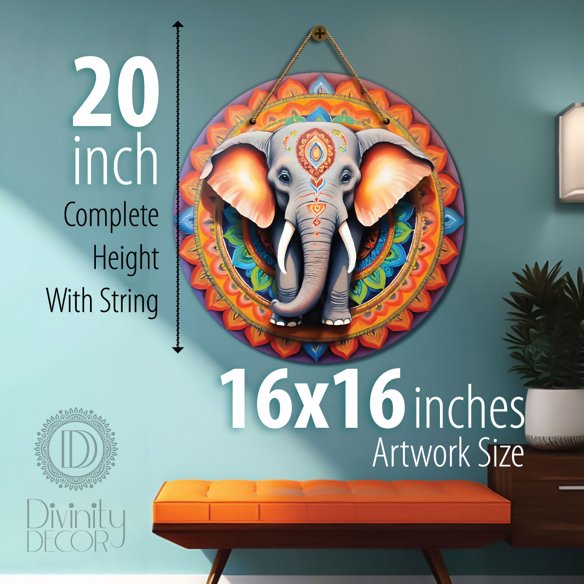 Elephant in grey and orange mandala Round Wooden Wall Hanging for wall Décor - Design - 331