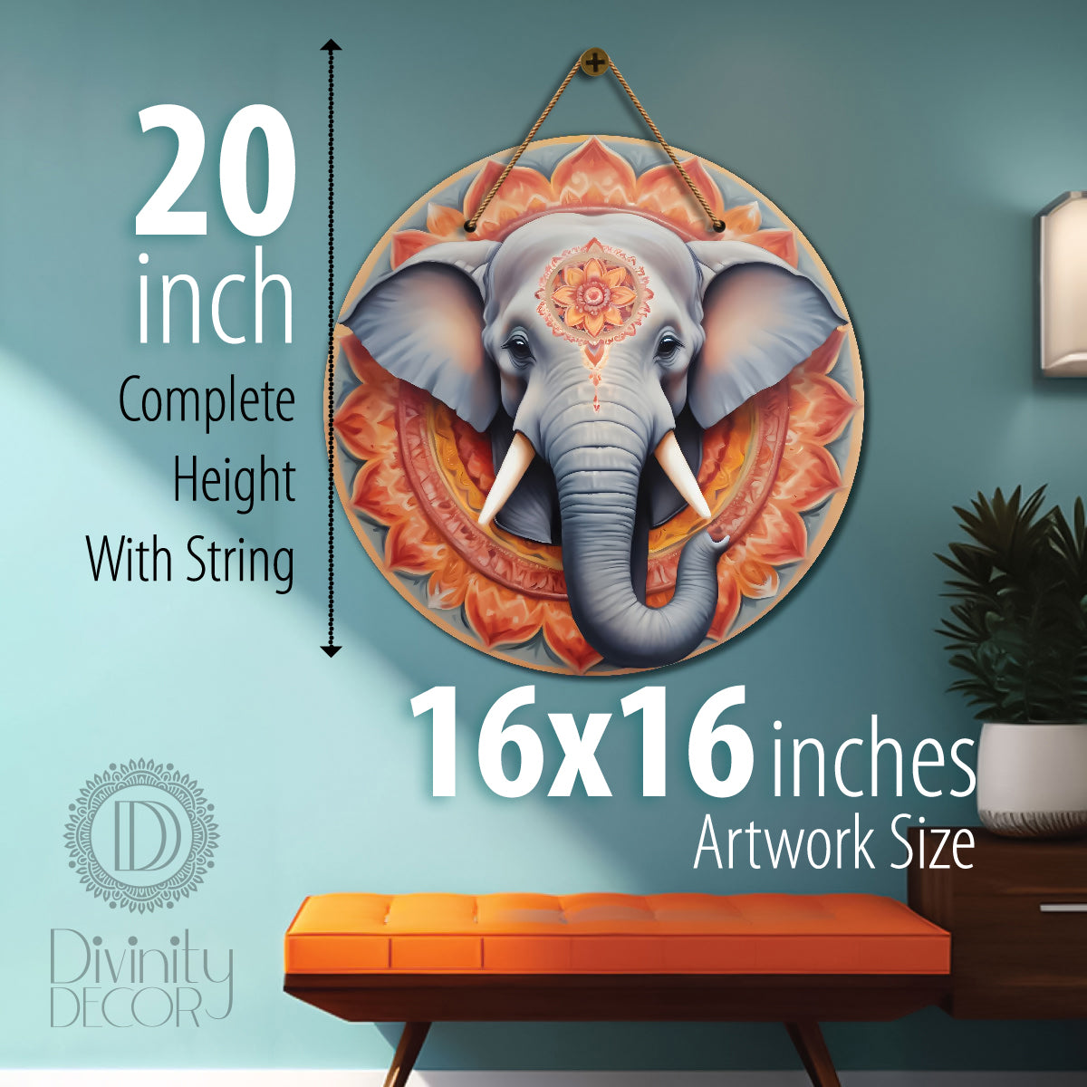Elephant in grey and orange mandala Round Wooden Wall Hanging for wall Décor - Design - 332