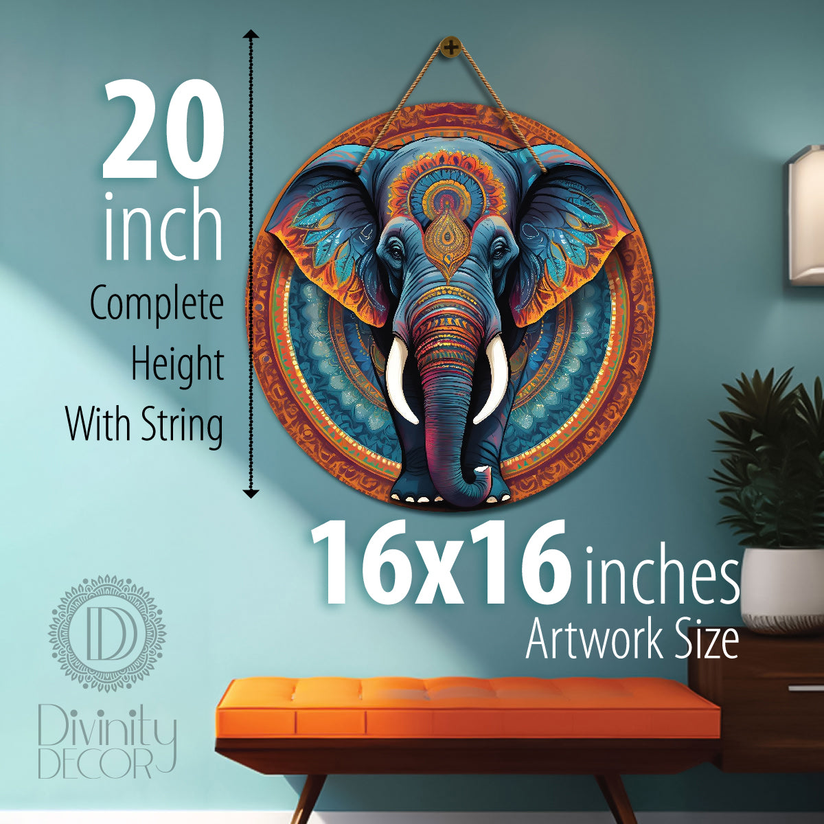 Elephant in blue and brown mandala Round Wooden Wall Hanging for wall Décor - Design - 333