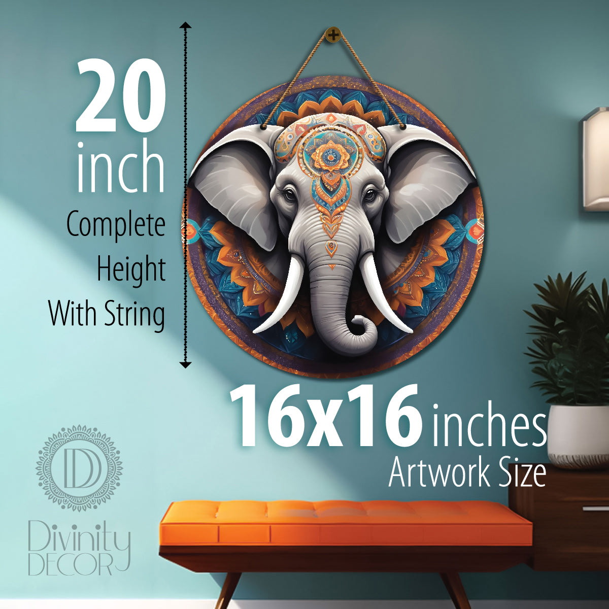 Elephant in grey and blue mandala Round Wooden Wall Hanging for wall Décor - Design - 334