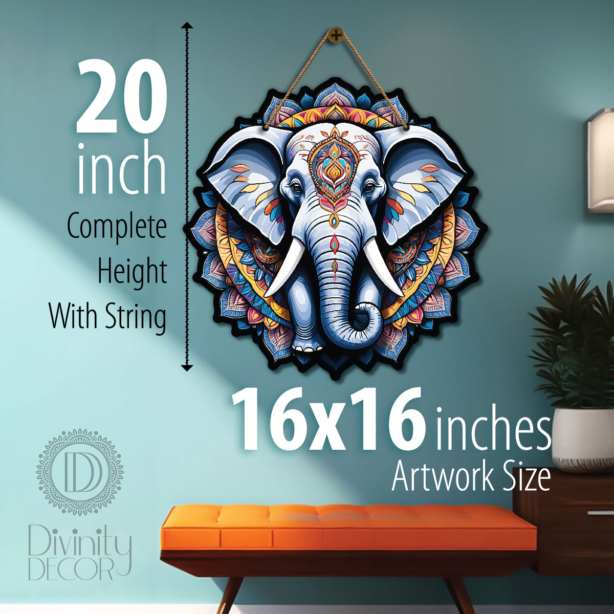 Elephant in grey and blue mandala Round Wooden Wall Hanging for wall Décor - Design - 335