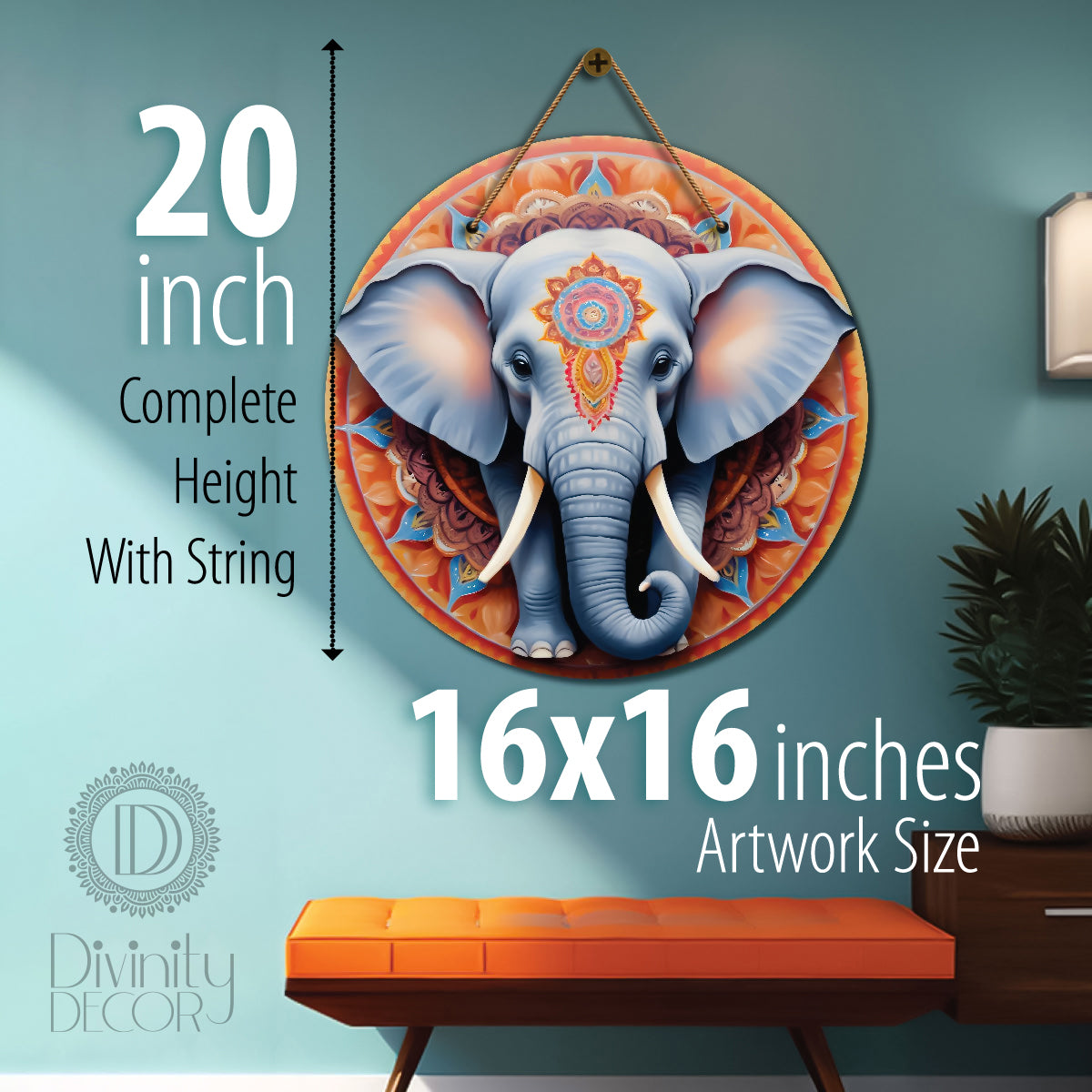 Elephant in grey and orange mandala Round Wooden Wall Hanging for wall Décor - Design - 336