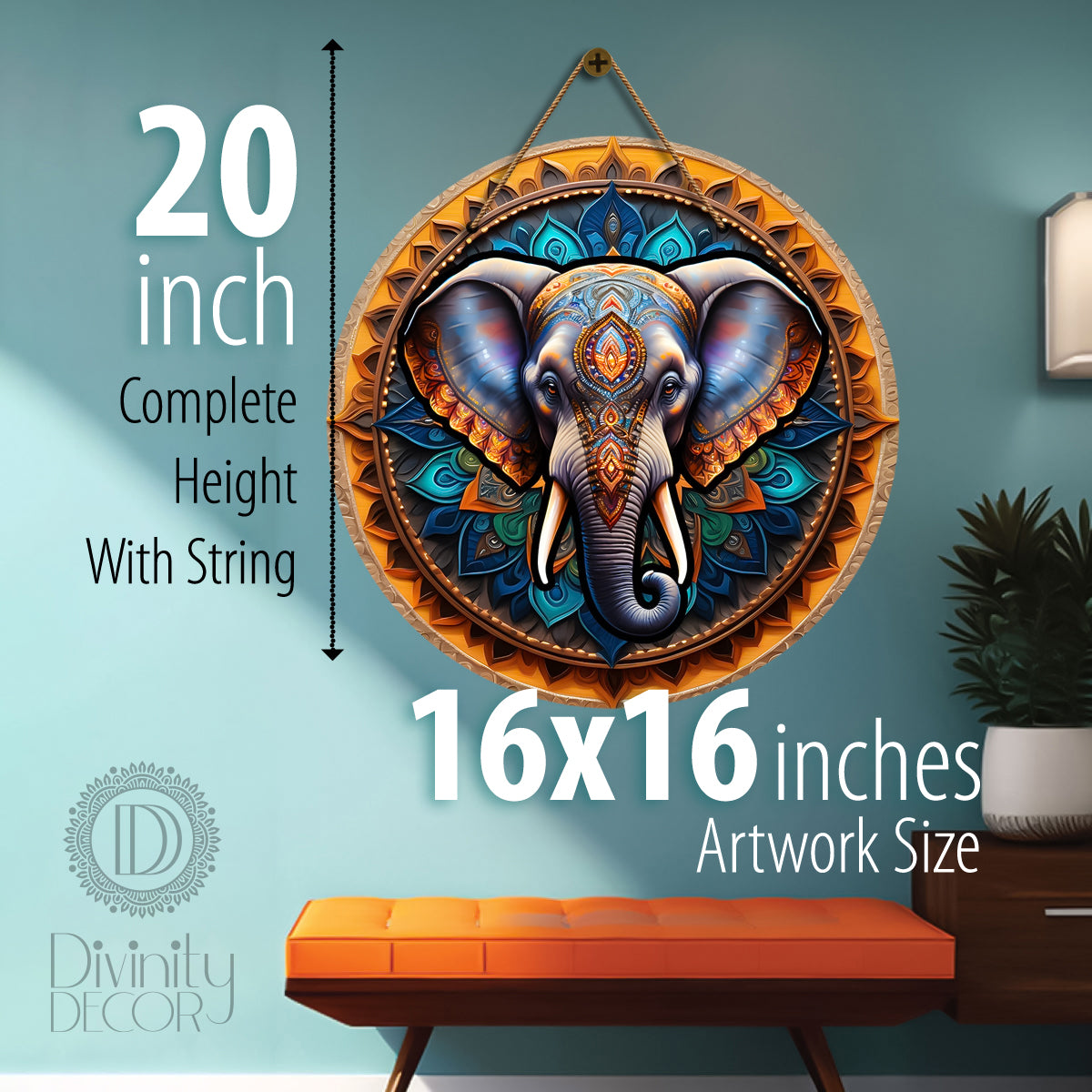 Elephant in blue and yellow mandala Round Wooden Wall Hanging for wall Décor - Design - 337