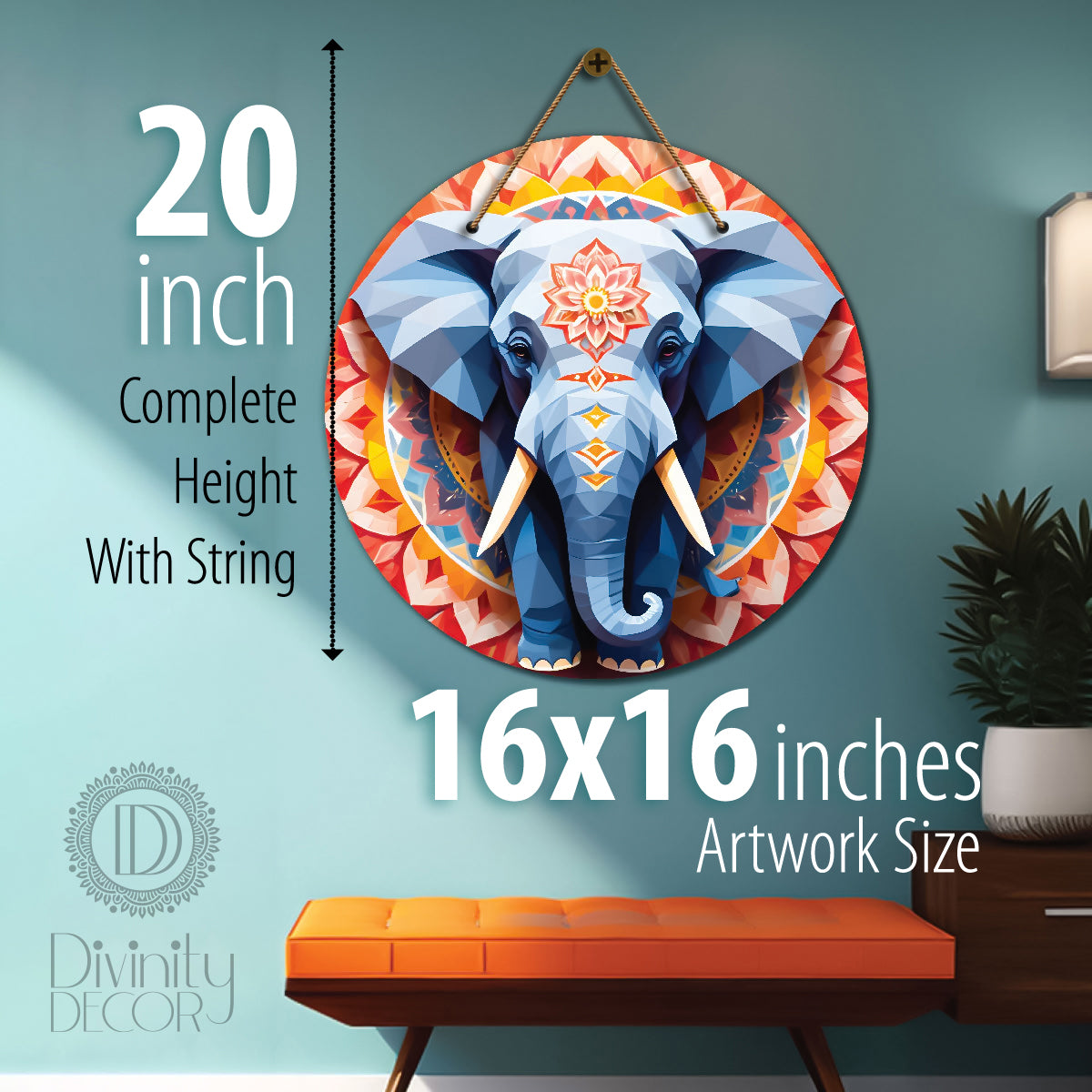 Elephant in grey and orange mandala Round Wooden Wall Hanging for wall Décor - Design - 338
