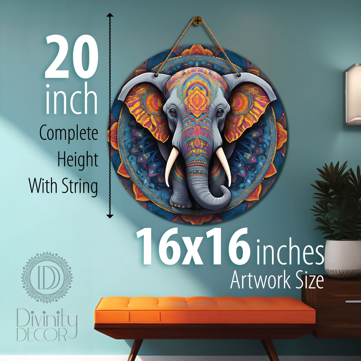 Elephant in grey and orange mandala Round Wooden Wall Hanging for wall Décor - Design - 339