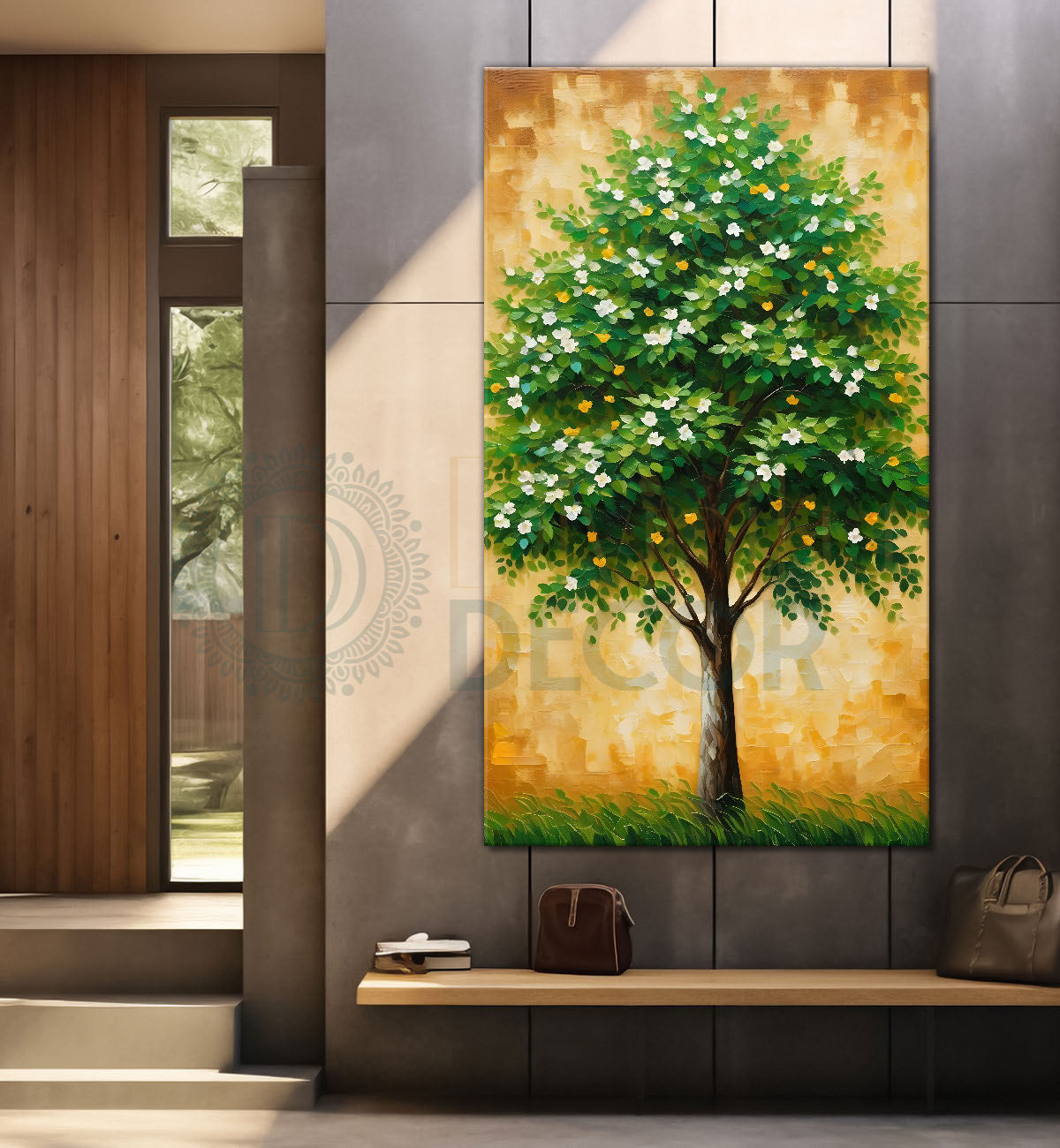 White flowers tree in bright textured oil painting Canvas painting - Tree-V-33