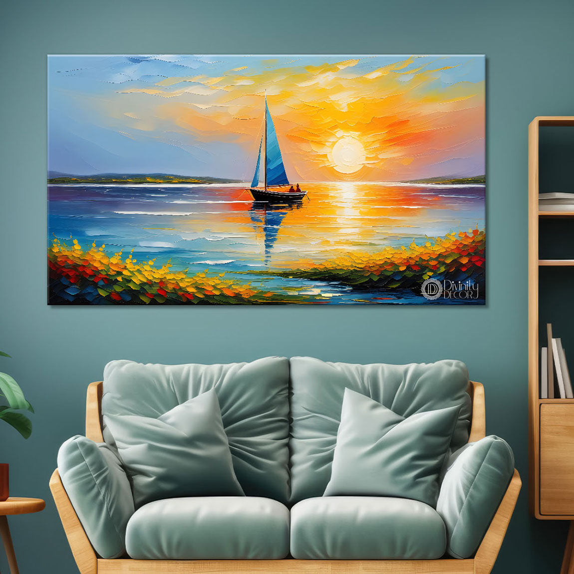 Boats in sea with sunset background textured modern art canvas painting - Design - River-34