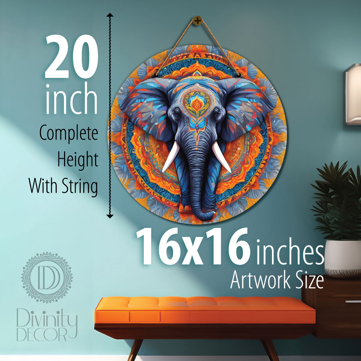Elephant in grey and orange mandala Round Wooden Wall Hanging for wall Décor - Design - 340