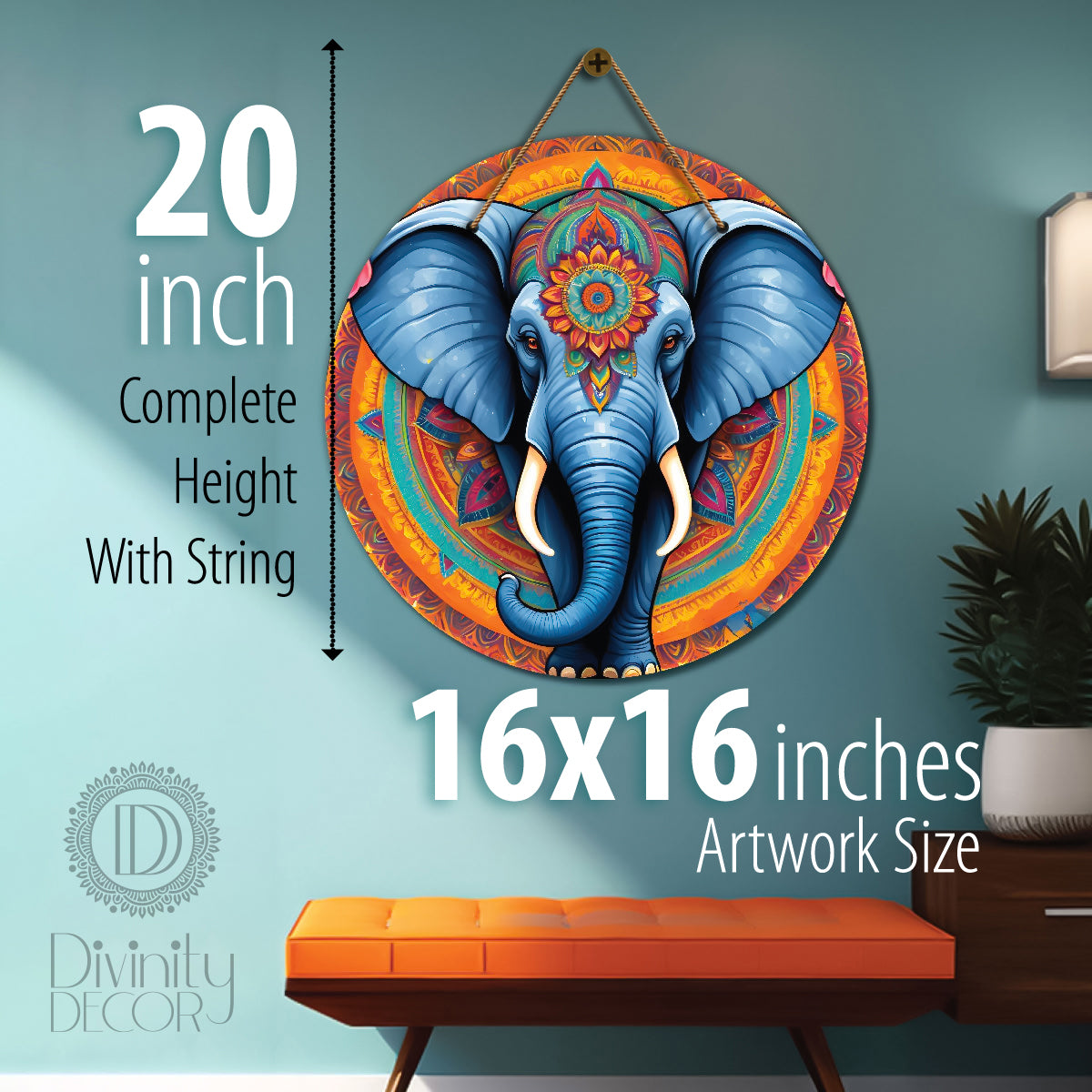 Elephant in blue and yellow mandala Round Wooden Wall Hanging for wall Décor - Design - 341