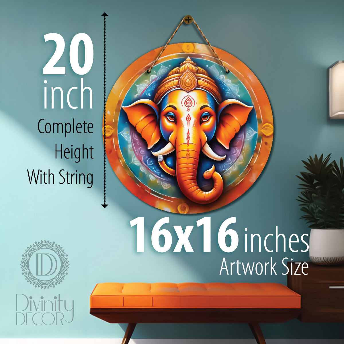 Ganesh Ji in blue and orange mandala Round Wooden Wall Hanging for wall Décor - Design - 342