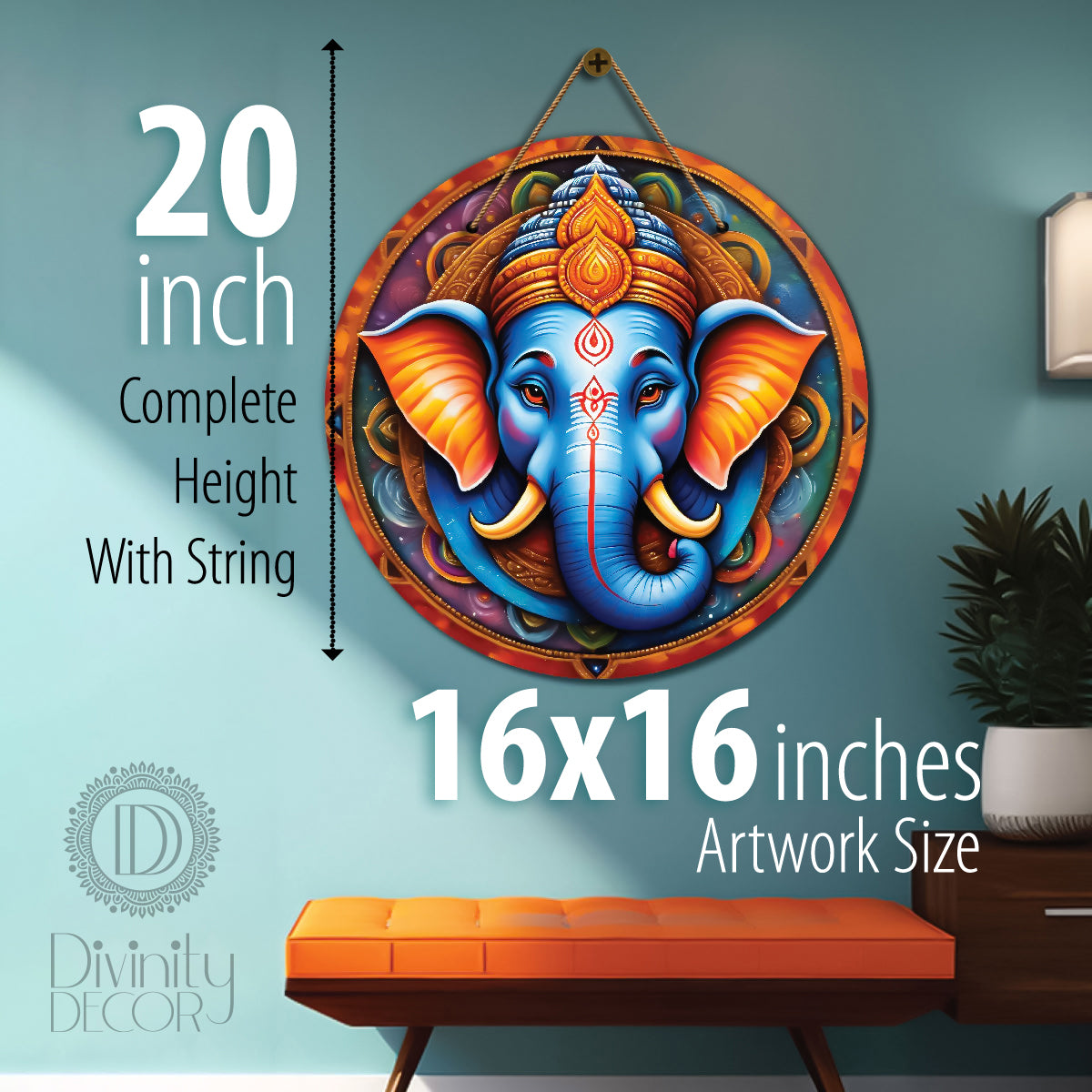Ganesh Ji in blue and orange mandala Round Wooden Wall Hanging for wall Décor - Design - 343
