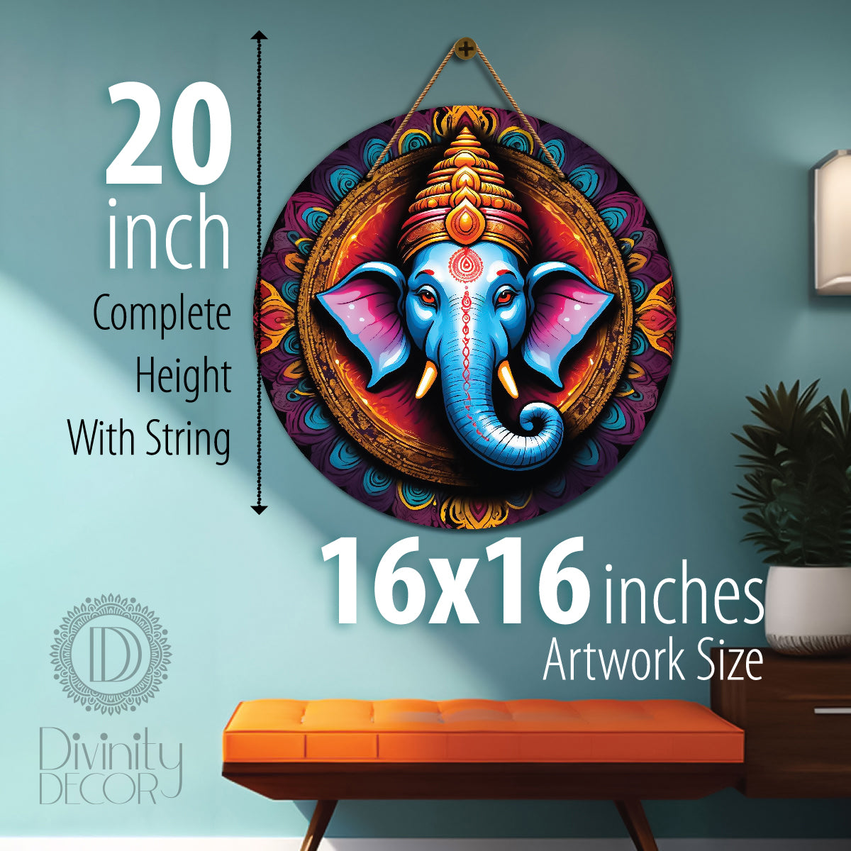 Ganesh Ji in blue and orange mandala Round Wooden Wall Hanging for wall Décor - Design - 344