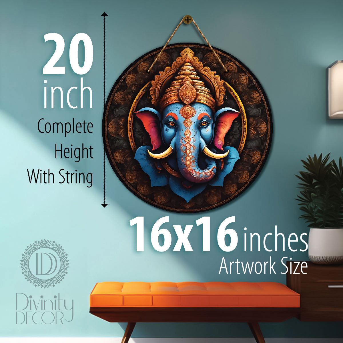 Ganesh Ji in blue and brown mandala Round Wooden Wall Hanging for wall Décor - Design - 345