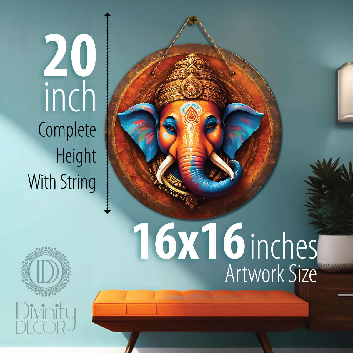Ganesh Ji in blue and brown mandala Round Wooden Wall Hanging for wall Décor - Design - 346