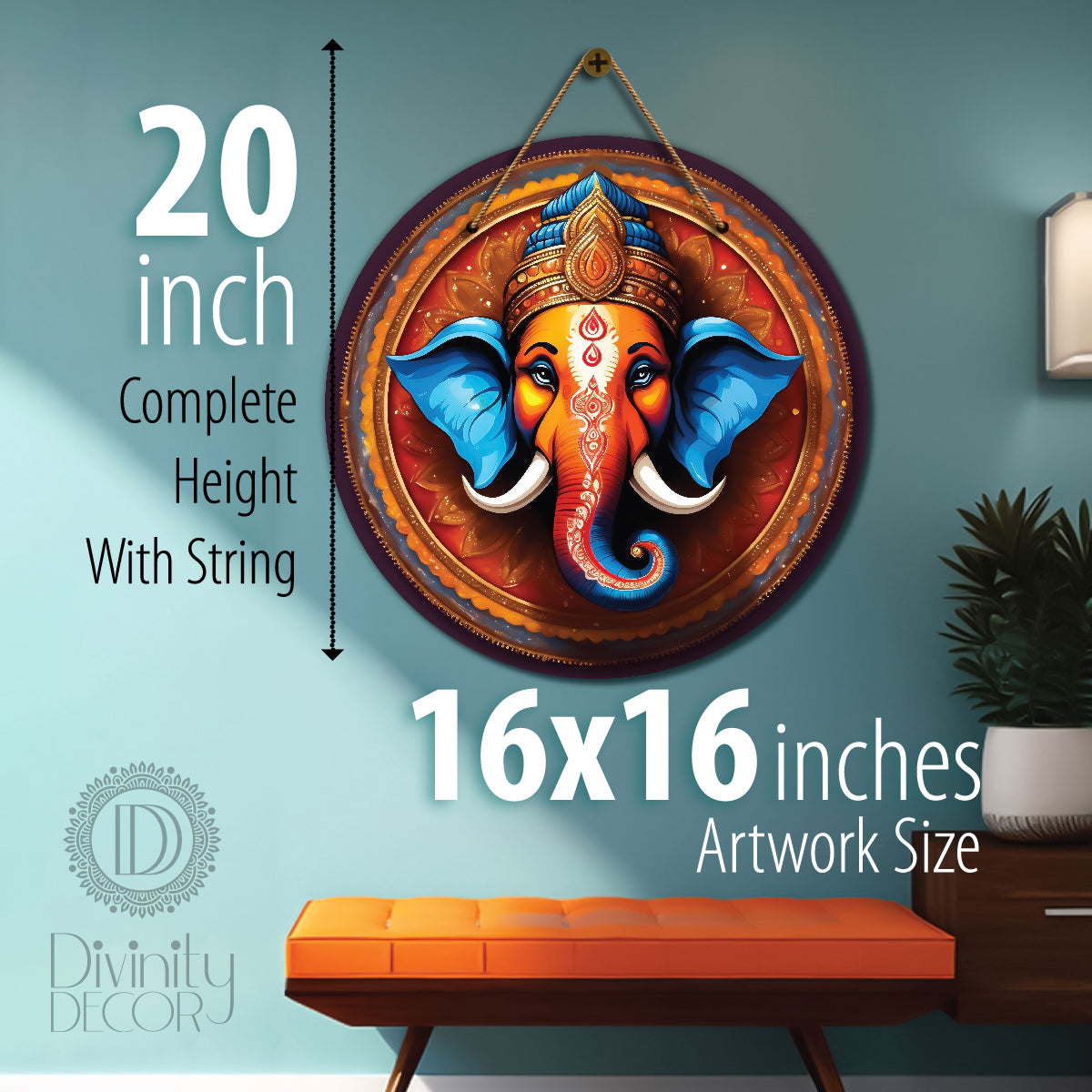 Ganesh Ji in blue and brown mandala Round Wooden Wall Hanging for wall Décor - Design - 347