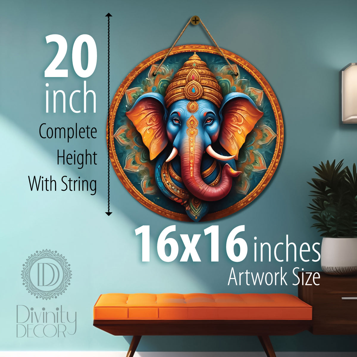 Ganesh Ji in blue and orange mandala Round Wooden Wall Hanging for wall Décor - Design - 349