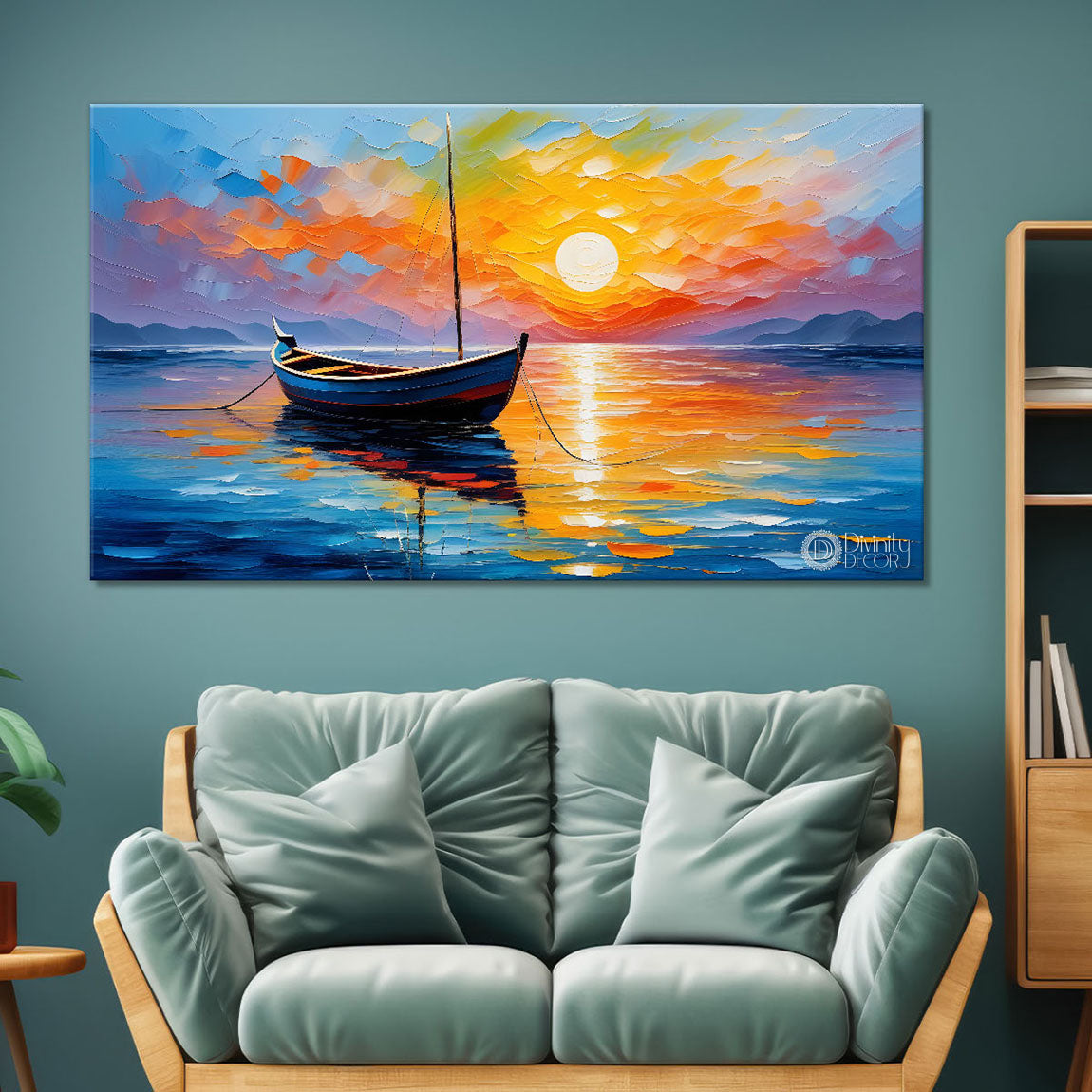 Boat in sea with sunrise background textured modern art canvas painting - Design - River-35