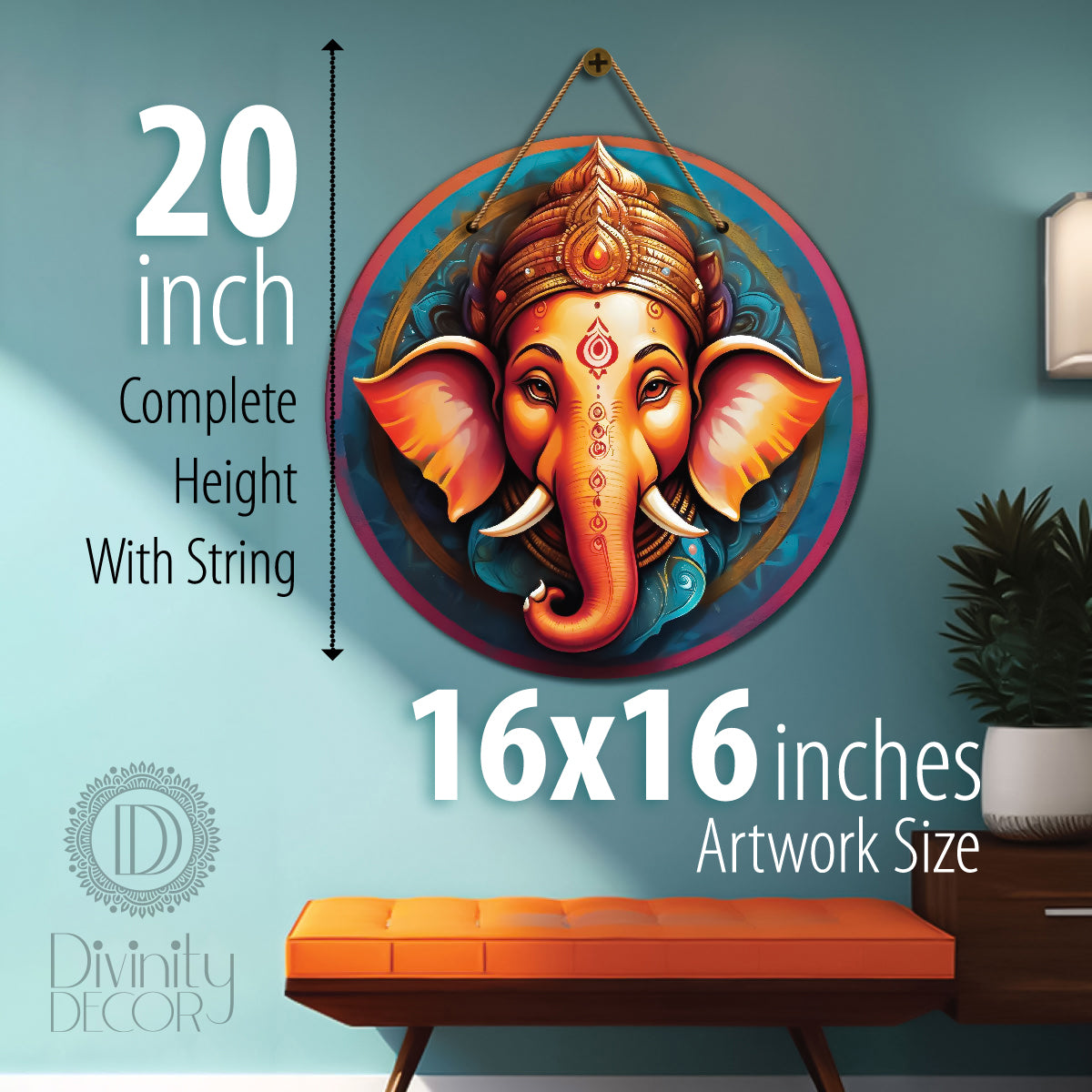 Ganesh Ji in blue and orange mandala Round Wooden Wall Hanging for wall Décor - Design - 350