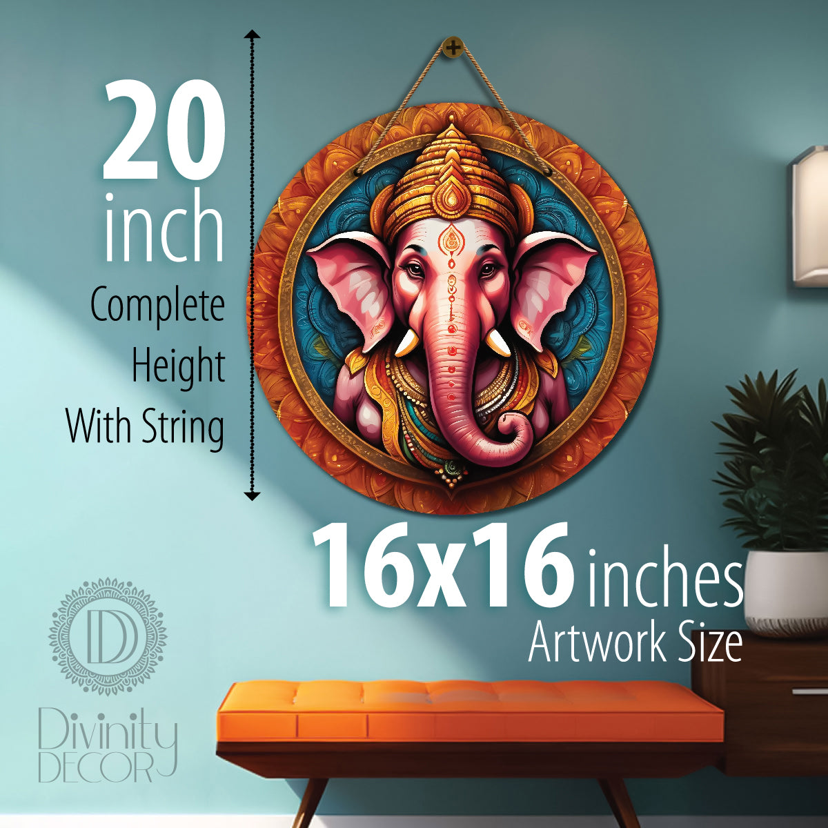 Ganesh Ji in blue and orange mandala Round Wooden Wall Hanging for wall Décor - Design - 352