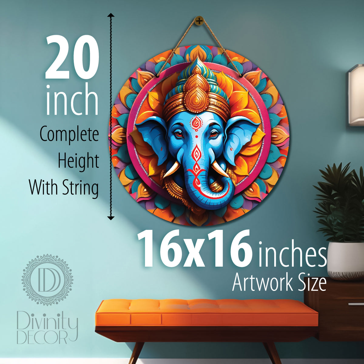 Ganesh Ji in blue and yellow floral mandala Round Wooden Wall Hanging for wall Décor - Design - 353