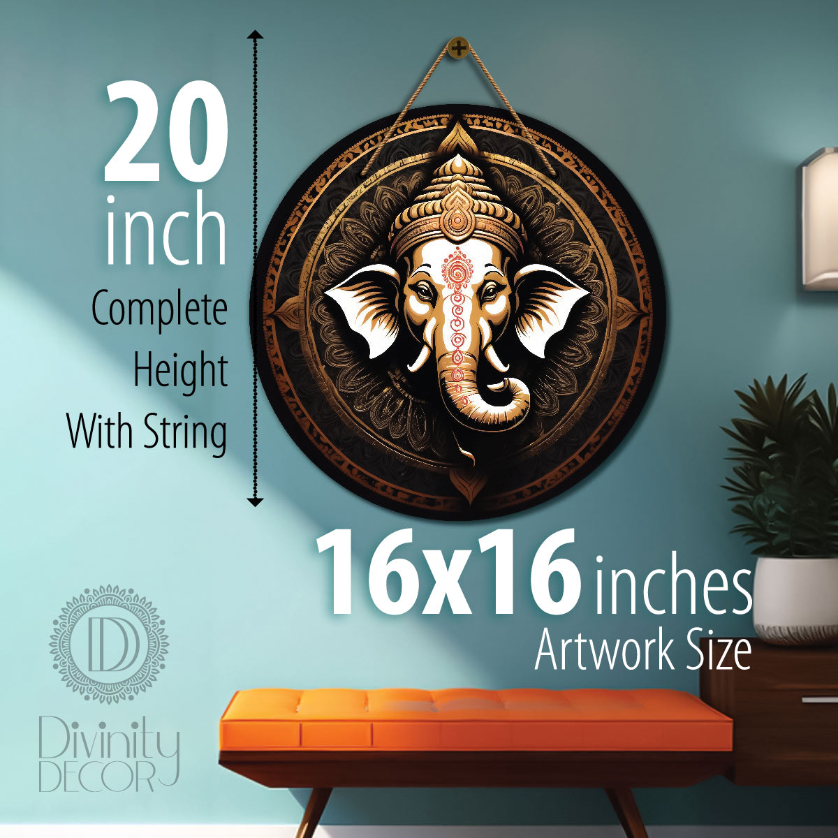 Ganesh Ji in black and white mandala Round Wooden Wall Hanging for wall Décor - Design - 354