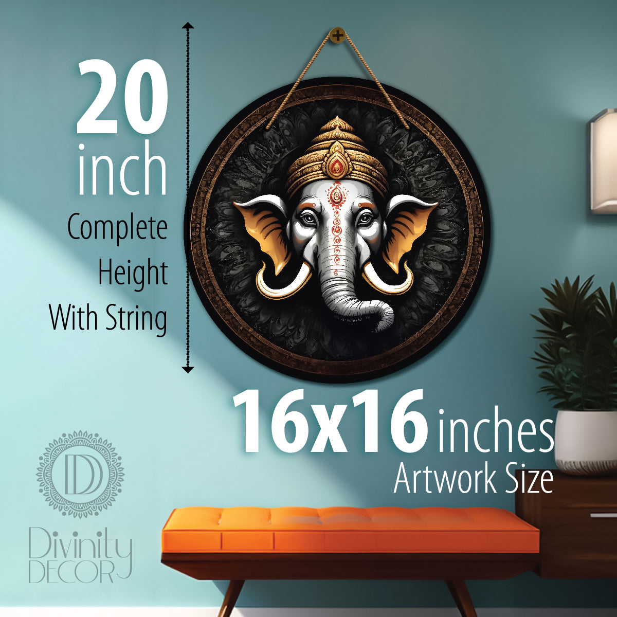 Ganesh Ji in black and grey mandala Round Wooden Wall Hanging for wall Décor - Design - 355