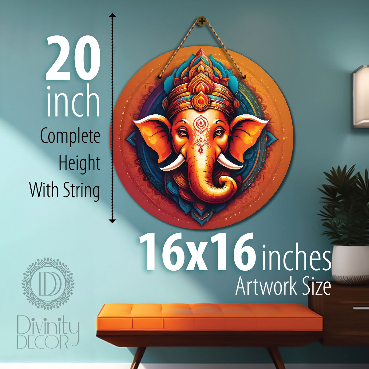 Ganesh Ji in blue and orange mandala Round Wooden Wall Hanging for wall Décor - Design - 356