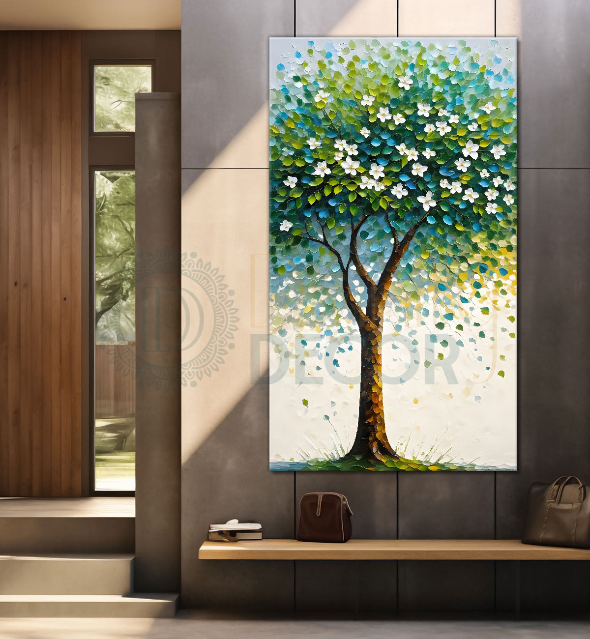 White flowers tree in textured oil painting Canvas painting - Tree-V-35
