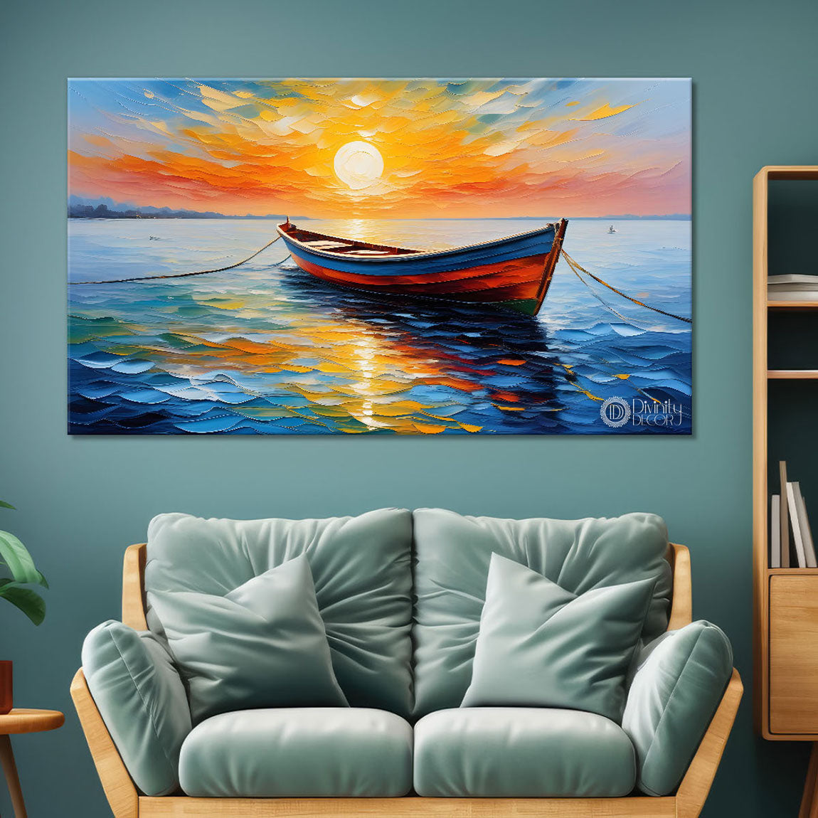Boat in sea with sunrise background textured modern art canvas painting - Design - River-36