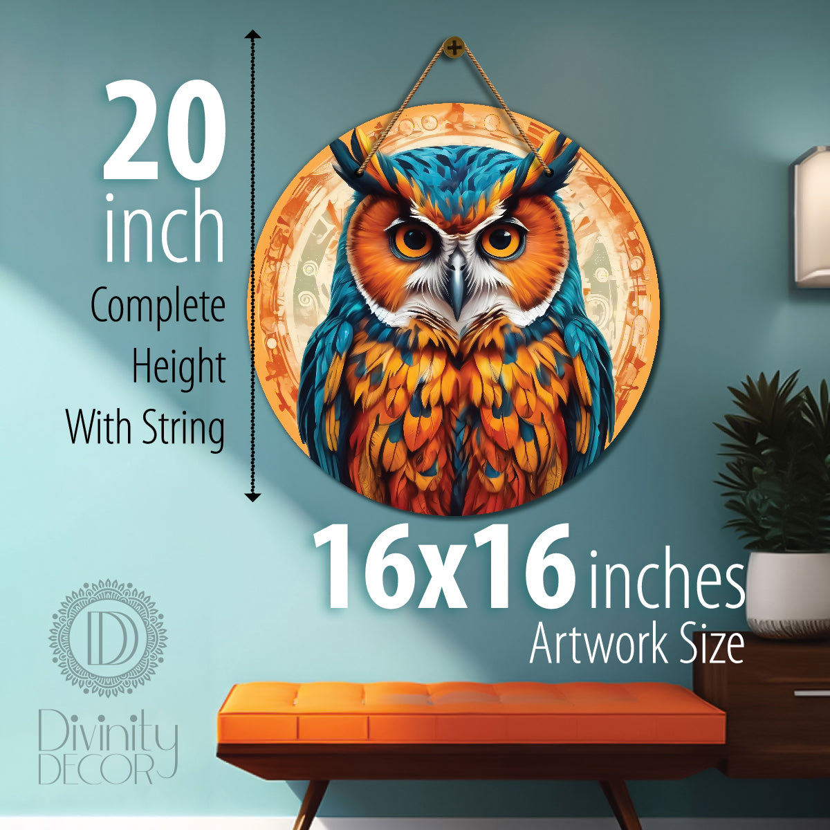 Owl in blue and yellow mandala Round Wooden Wall Hanging for wall Décor - Design - 360
