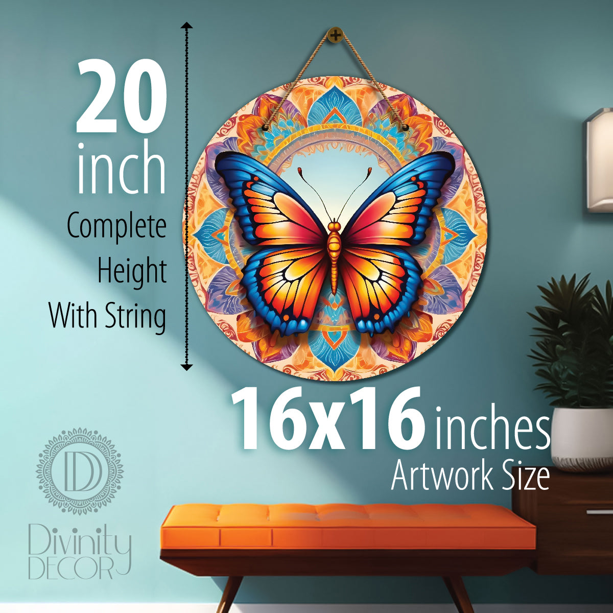Butterfly in blue and floral mandala Round Wooden Wall Hanging for wall Décor - Design - 366