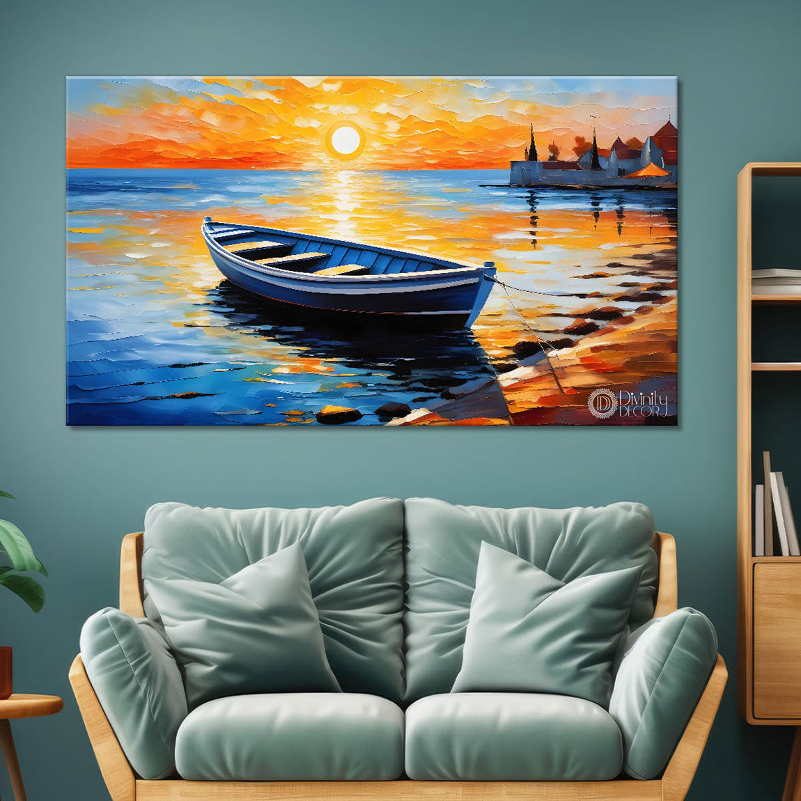 Boat in sea with sunrise background textured modern art canvas painting - Design - River-37