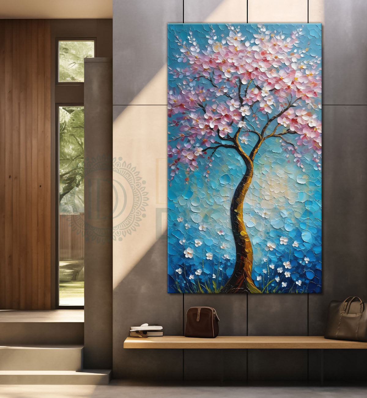 Spring tree with beautiful sky blue background textured modern art Canvas painting - Tree-V-37