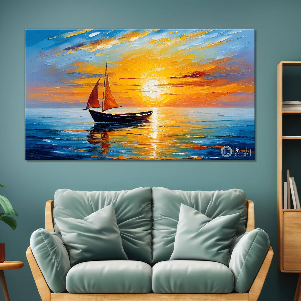 Boat in sea with sunrise background textured modern art canvas painting - Design - River-38