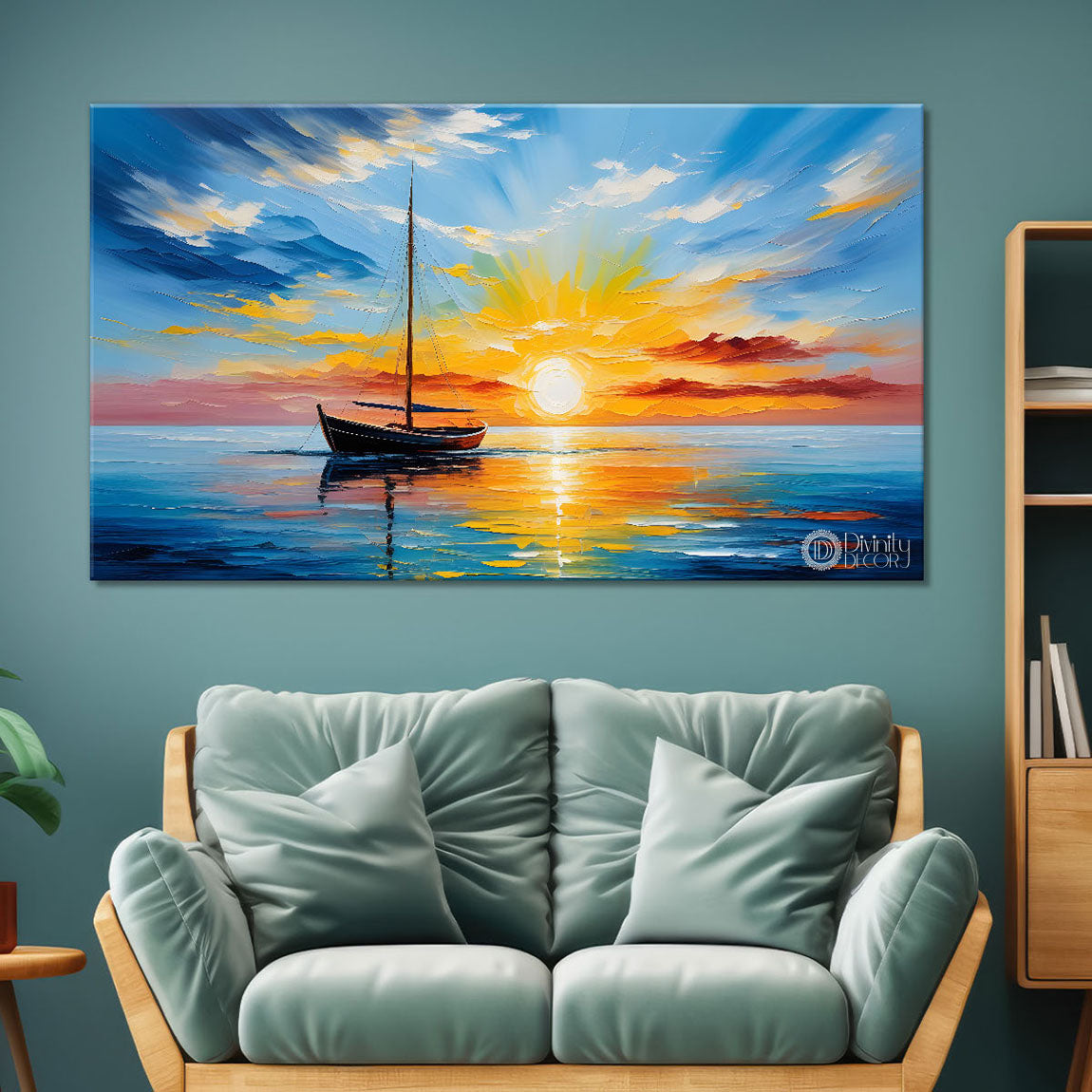Boat in sea with sunrise background textured modern art canvas painting - Design - River-39