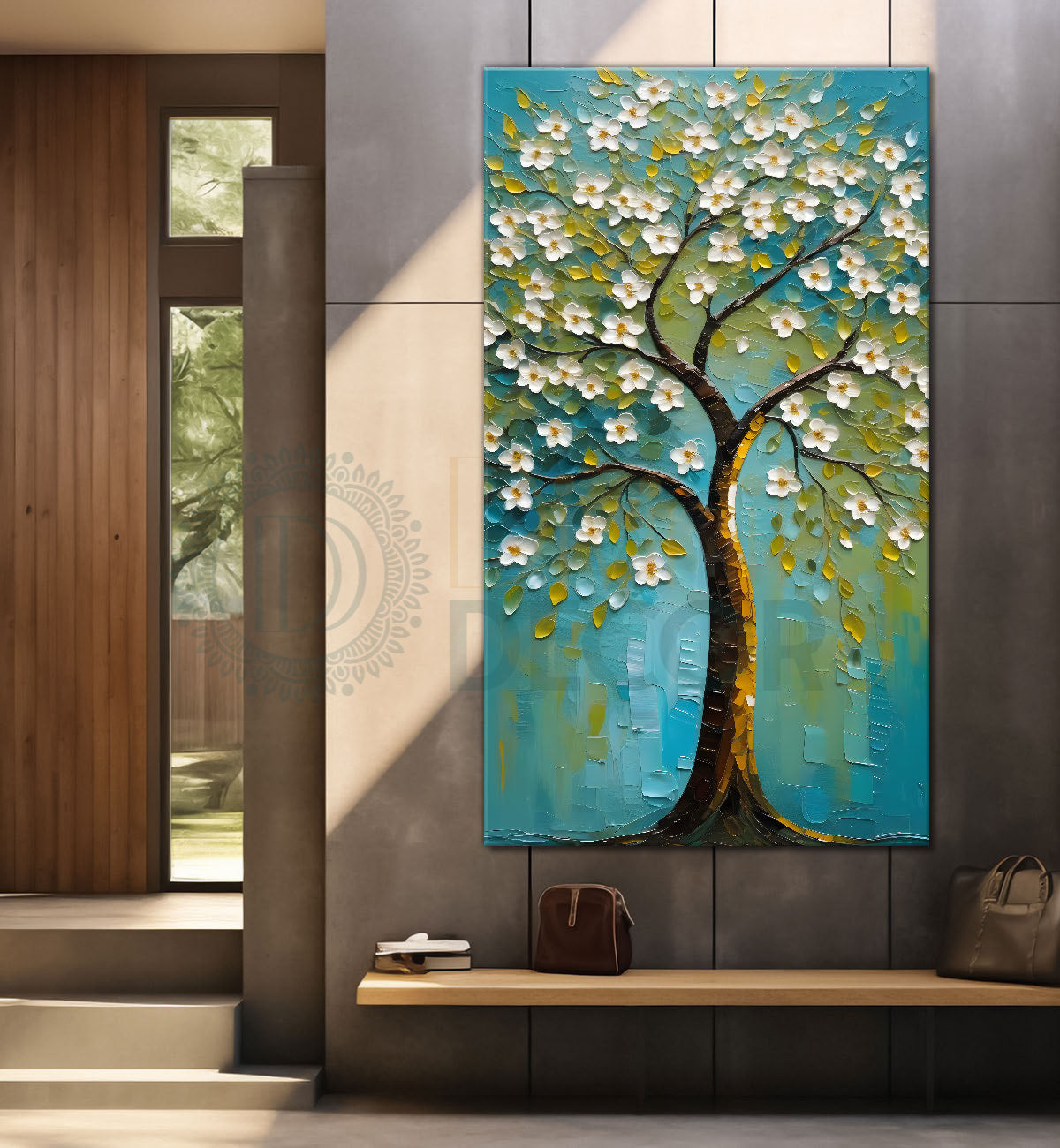 White flowers tree in textured oil painting Canvas painting - Tree-V-39