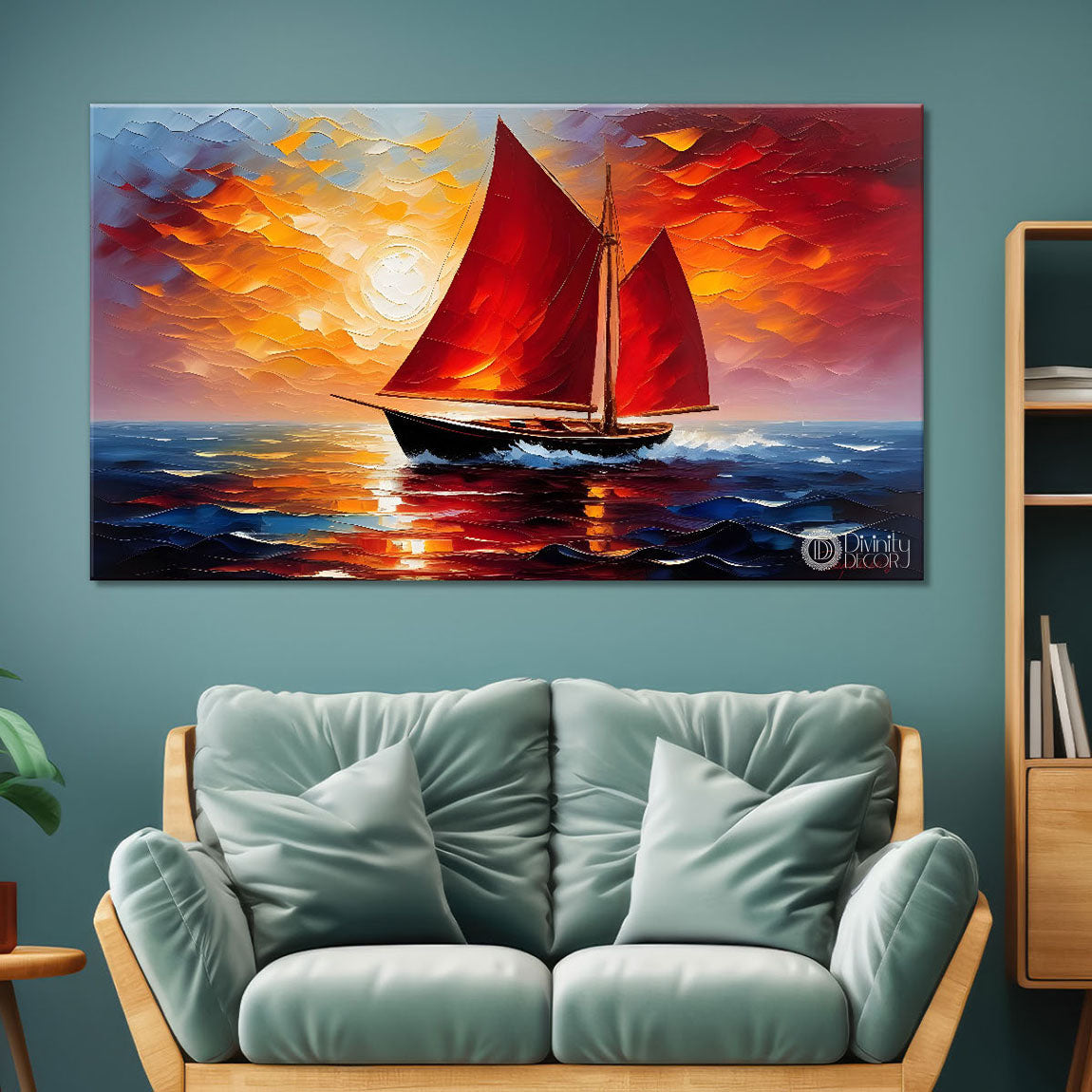 Red boat with sunset background textured modern art canvas painting - Design - River-40