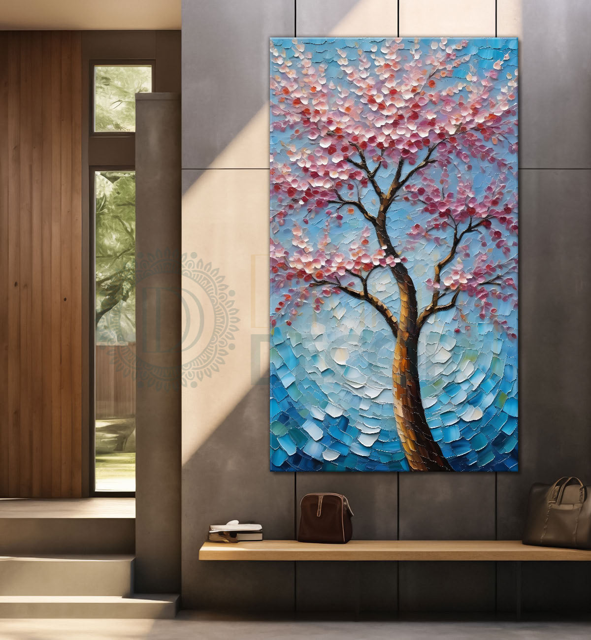 Spring tree with beautiful sky blue background textured modern art Canvas painting - Tree-V-40