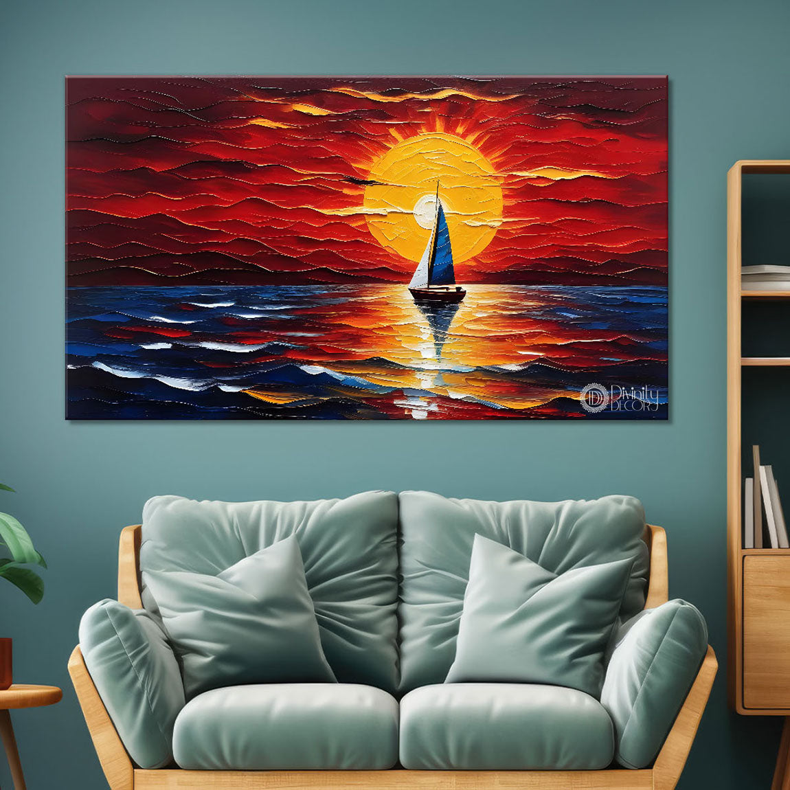 Boat in sea with red sunset background textured modern art canvas painting - Design - River-41