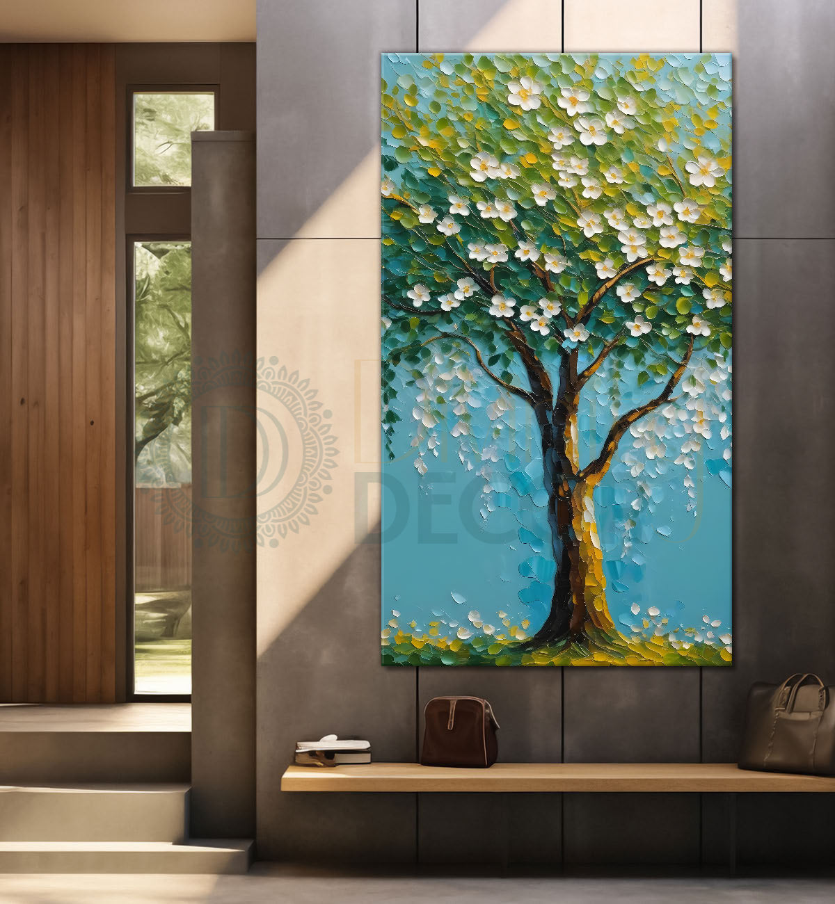 White flowers tree in textured oil painting Canvas painting - Tree-V-41