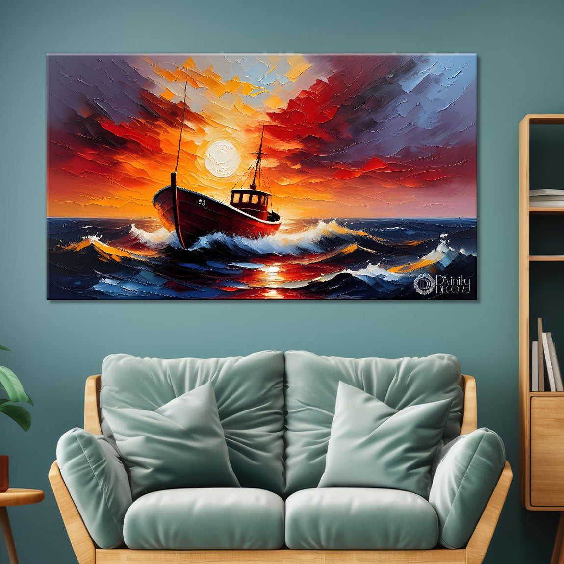Boat in sea with red background textured modern art canvas painting - Design - River-42
