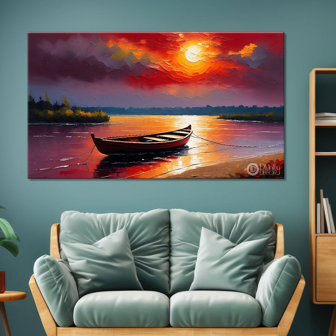 Boat in sea with red sunset background textured modern art canvas painting - Design - River-43