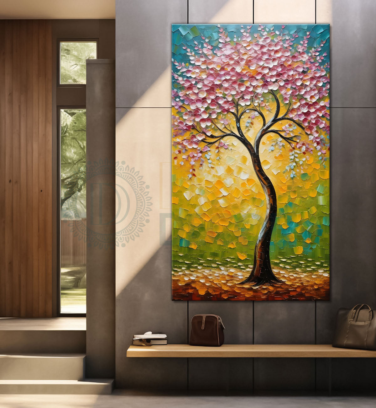 Spring tree with beautiful bright background textured modern art Canvas painting - Tree-V-43